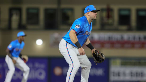 Mar 4, 2024; Jupiter, Florida, USA; Miami Marlins third baseman Jake Burger (36) gets set at his position against the New York Yankees during the second inning at Roger Dean Chevrolet Stadium.